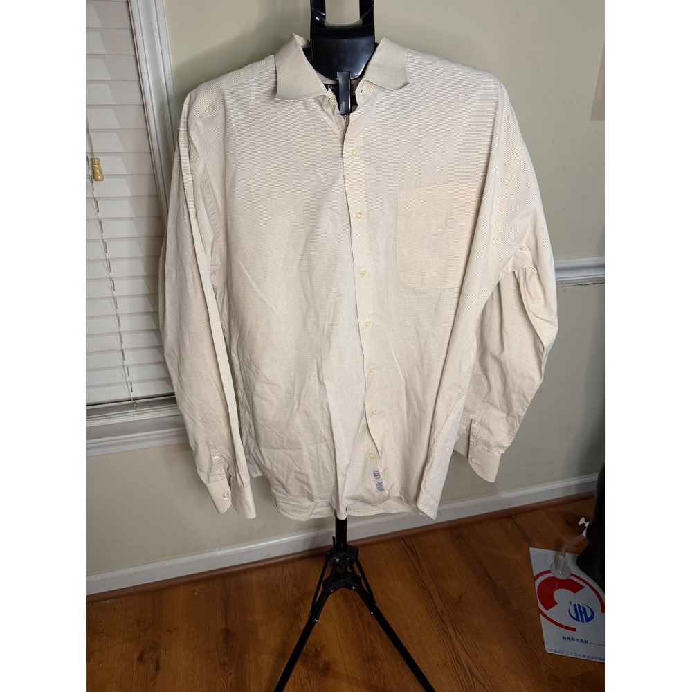 Gitman Bros Mens Beige Blue Micro Stripe Cotton Dress Shirt 17 36 Long Sleeve